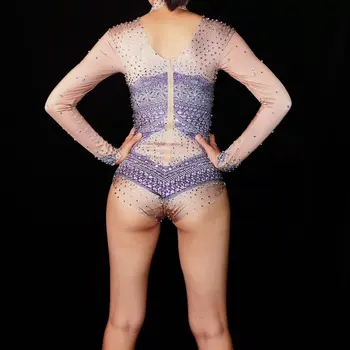 Violeti Kristāli Bodysuits Rhinestones jumpsuit Sieviešu Kostīmu Dziedātāja Deju Apģērbs Bārs, Naktsklubu, DJ, Dejas Skatuves valkā puses parādīt