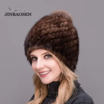 JINBAOSEN jaunu biezas sieviešu cepure karstā pārdošanas nekustamo ūdeļu kažokādas cepuri dāmas ziemas adīt ūdens cepuri ar fox kažokādas pompoms