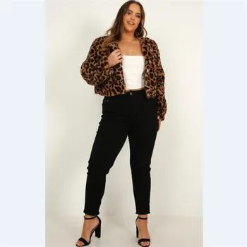 Sieviešu Leopard Print Ziemas Mētelis Silts Mākslīgās Kažokādas Stilīga Īsa Jaka Jaka Outwear Augšu