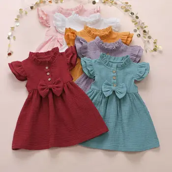 Pudcoco 1-6Years Toddler Baby Girl Dress Mazulis Lidot-Piedurknes Vestidos Topi Vasaras Apģērbs ar Īsām Piedurknēm Kokvilnas Apģērbs Bērniem