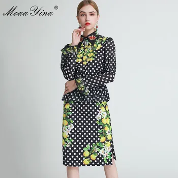 MoaaYina Modes Dizainere Uzstādīt Pavasara Rudens Sieviešu Krekls ar garām piedurknēm Tops+svārki Punkti citronu Drukāt Melnā Divu gabalu komplekti