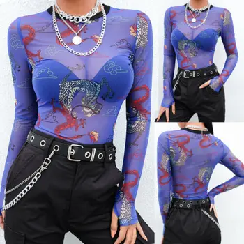 Jauno Modes Sieviešu Sexy Pūķis Drukāt Milzīgais Acs Redzēt-ar garām Piedurknēm Top T Krekls Streetwear