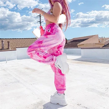 2020. gadā Tie Krāsošanas Treniņbikses Sieviešu Elastīga, Augsta Vidukļa Baggy Bikses Hip Hop Gadījuma Vaļīgas Bikses, Modes Dāma Rozā Bikses Skriešanas bikses