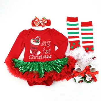 Ziemassvētku Dāvana Jaundzimušā Apģērbu Komplekts Baby Girl Apģērbu Kokvilnas Acs Ruffles Zīdaiņu Kristību Kleitas 4gab 1. Ziemassvētku Tērps, Kleita