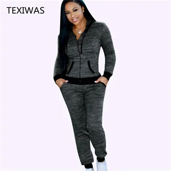 TEXIWAS Pavasara Plus Lieluma Sievietēm Adīt Tracksuit Komplekts 2 gab., Kostīmi, sporta Krekls uzstādīt zip Kapuci jaka Tērpiem+Jogger Garās bikses, uzvalks