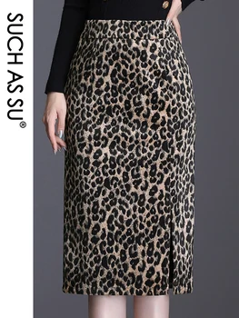 Jaunā gada Vidū Ilgi Leoparda Svārki Sieviešu Rudens Ziemas Pavasara Poliestera Zīmuli Svārki ar Augstu Jostas Plus Izmērs S-3XL Izmērs Slim Sieviešu svārki