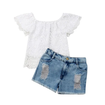 2GAB Bērniem, Baby Meitenes Vasaras Apģērbu Komplekti Mežģīņu Ziedu T-krekls, Tops+Džinsa Īsās Bikses Apģērbu Komplekts 1-6Y
