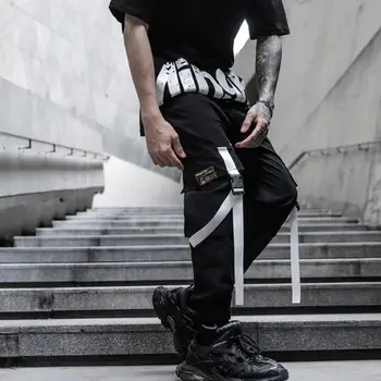 Vīrieši lentes raibs kravas bikses hip hop streetwear joggers cilvēks melnā, zaļā harajuku punk treniņbikses gadījuma bikses
