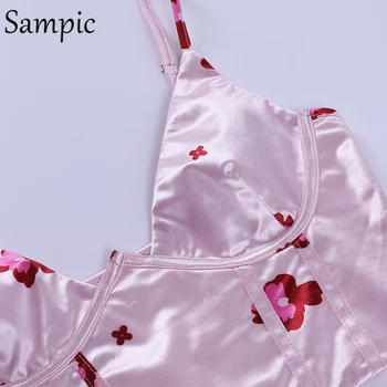 Sampic Modes Drukāt Ziedu V Kakla Sexy 2021. Gada Vasaras Traipu Sieviešu Korsešu Crop Topi Izdilis Mini Klubs Veste Camis Stap Topiņi