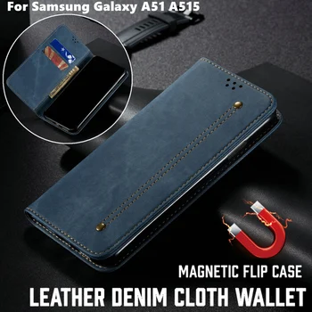 Luksusa Auduma Džinsa Cietās Ādas gadījumā Samsung A50 A51 Pārsegu Ādas Samsung Galaxy A51Wallet Shell Samsung 51 A515