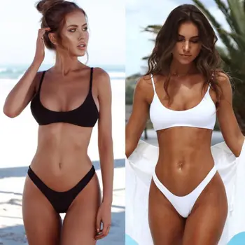 Bikini Ir 2021. Sievietes Sexy Thong Bikini Komplekts Meitenēm Cietā Beachwear Sieviešu Peldkostīms Melnā, Baltā Peldēties Uzvalku Biquini