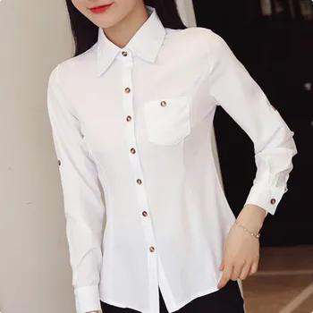 Pavasarī, Rudenī Jaunu Korejiešu Sieviešu Krekls Modes Slim Fit Biroja Dāma Slim Balti Krekli Sievietēm Ar Garām Piedurknēm Gadījuma Blūzes Pogas Augšējā