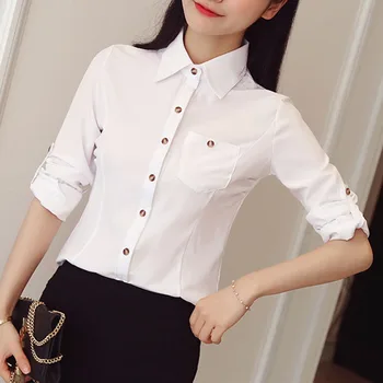 Pavasarī, Rudenī Jaunu Korejiešu Sieviešu Krekls Modes Slim Fit Biroja Dāma Slim Balti Krekli Sievietēm Ar Garām Piedurknēm Gadījuma Blūzes Pogas Augšējā