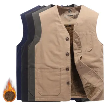 Vīriešu vienkrāsainu plus samta bieza kokvilnas liela izmēra veste rudens ziemas atpūtas silta veste ar V-veida kakla multi-bag buttoned veste