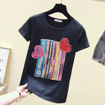 Banulin Harajuku Korejiešu Stila Slim Fit T Krekls Sievietēm, Topi Sirds Sequin Top Tshirt Sieviešu Vasaras Kokvilnas Tee Kreklu Femme Drēbes