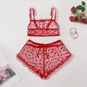 Modes Sirds Izšuvumu Sexy Mežģīņu Dāmas Sarkana Apakšveļa Apakšveļa Viedokļa Komfortu Sleepwear Valentīna Diena Pidžamu Mujer #04