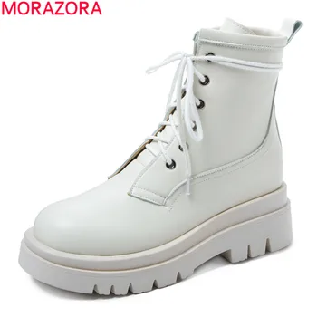 MORAZORA 2020. gadam, Liela izmēra 34-42 sieviešu zābaki bieza augstpapēžu kurpes ar kvadrātveida purngalu cēloņu dāmas kurpes rudens ziemas potītes zābaki, melna balta