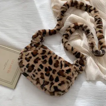 2020 Jaunas Ziemas Plīša Pakete Sexy Leopard Sieviešu Messenger Savvaļas Modes Gudrs Kažokādas Soma, Plecu Soma, Somas dāma Leopards drukāt