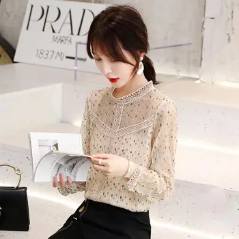 Korejiešu Stila Blūze Sievietēm Eleganto Mežģīņu Top Plus Lieluma Šifona Blūzes Cietā Vrouwen Blūzes Ar Garām Piedurknēm Krekls Sieviešu Apģērbs
