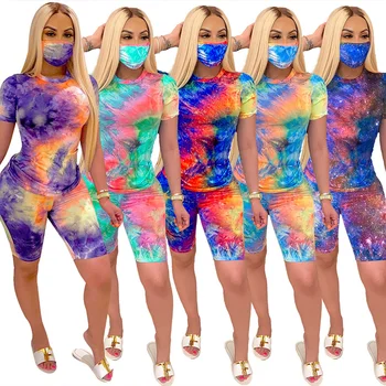 Modes kaklasaišu Krāsošanas Printting Īsām Piedurknēm ar Apaļu Kakla T-Kreklu un pusgarās Taisnas Bikses Sieviešu Ikdienas Uzvalki 2020. Gada Vasaras