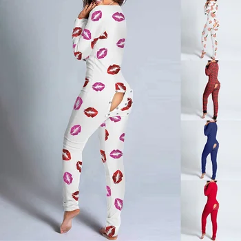 Sexy Sievietes Drukāt Jumpsuit Funkcionālās Buttoned Atloks Pieaugušajiem Pidžamu Kluba Pogu Dizaina Ienirt Lounge Jumpsuit