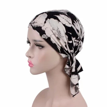 Kokvilnas Chemo Cepuri Iepriekš Piesaistītā Drukas Galvas apģērbi Sievietēm Musulmaņu Turban Matu Izkrišana Vēža Beanies Pieaugušo Cepures Matu Aksesuāri