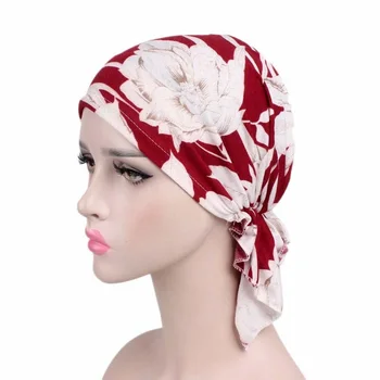 Kokvilnas Chemo Cepuri Iepriekš Piesaistītā Drukas Galvas apģērbi Sievietēm Musulmaņu Turban Matu Izkrišana Vēža Beanies Pieaugušo Cepures Matu Aksesuāri