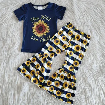 Vairumtirdzniecības bērniem, baby meitenes boutique Apģērbu komplekti Bērnu modes saulespuķu krekls bell dibenu bikses ziedu apģērbs apģērbs