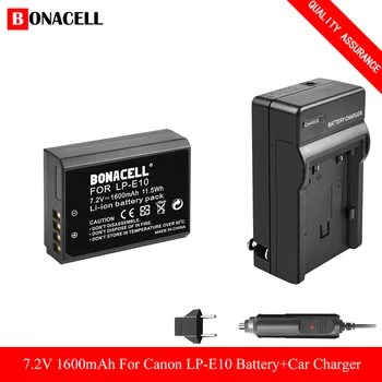 Bonacell 1600mAh LP-E10 LP E10 LPE10 Akumulators+Auto Lādētājs Canon EOS 1100D 1200D 1300D 2000D Rebel T3 T5 Kiss X50 X70 Z70
