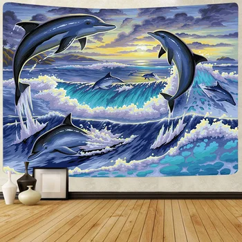 Simsant Okeāna Delfīnu Gobelēns Saulrietu Jūras Viļņu Māksla Sienas Karājas Gobelēni, lai Dzīvojamā Istaba Guļamistaba Kopmītnes Mājas Segu Dekori