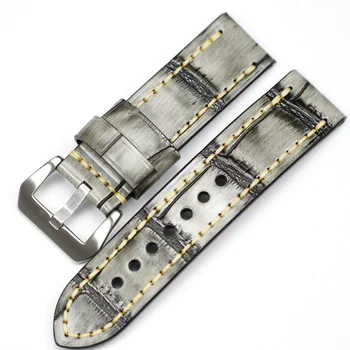 Roku darbs 24mm Pelēks, Dzeltens Krokodils modelis Īstas Ādas Retro Watchband Aproce PAM Liels Izmēģinājuma DZ Pulksteņu Siksniņas Rokassprādze