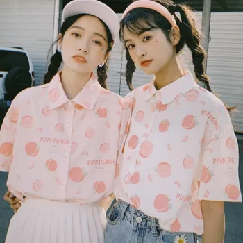 Harajuku Persiku Augļu Drukāt Blūze, Krekls Sievietēm Vasarā Korejas Kawaii Īsām Piedurknēm Blūzes Apkakle Skolniece Vaļīga Apģērba