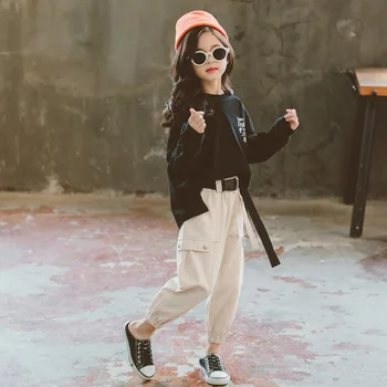 Modes Meiteņu Tērpiem Rudens Bērniem Sporta Tērps Vēstuli Izdrukāt, sporta Krekli + Kravas Bikses 2gab Tērpi Hip Hop Apģērbu Komplekts Pusaudžu