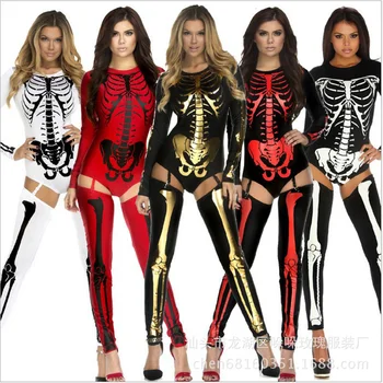 Halloween Cosplay Tērpi Sievietēm Biedējošu Šausmu Skelets Apģērbu Naktsklubs DS Uzvalks Sexy Jumpsuit Bodysuit Gothic Zombiju Kleita