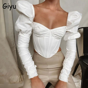 Giyu Sexy Sievietes Blūzes 2020. Gada Rudenī Ruched Puff Piedurknēm Krekls Elegants Vintage Apģērbu Chemise Femme Garām Piedurknēm Kultūraugu Top Blusas
