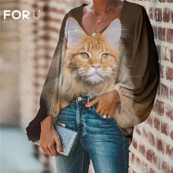 FORUDESIGNS Liela Izmēra Blūze Kawaii Maine Coon Kaķis Drukāt Blūze Ir 2021. Gadījuma Brīvs Krekls ar garām Piedurknēm Topi, V-veida kakla Sieviešu Apģērbs