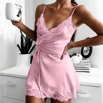 Sieviešu Vasaras Miega Kleitu Modes vienkrāsainu Mežģīnes Apdari V-veida kakla Dāmas Zeķu Sleepwear