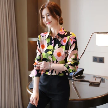 Korejas Šifona Sieviešu Krekli Sieviešu Krekls Ar Garām Piedurknēm Sieviete Ziedu Blūze Top Plus Lieluma Dāma Drukāt Krekls Blusas Mujer De Moda 2020