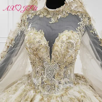 AXJFU Luksusa princese zelta mežģīnes vintage augsta kakla frēzēšana kristāla ruffles mirdzoša garām piedurknēm kāzu kleitu reāla 1999