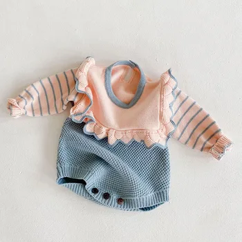 Pavasara Rudens Bērniem, Meitene Ar Garām Piedurknēm Kombinezonus Drēbes Jaunas 2020. Gadam Infant Baby Meiteņu Mežģīņu Adījumā Svītru Kombinezonus Apģērbi