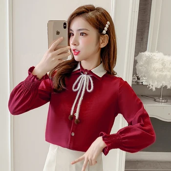 Jauna Rudens Velveta krekls korejas modes Sieviešu blūze Salds tauriņu garām piedurknēm Ikdienas Topi blusa feminina