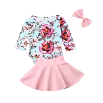 Bērnu Meitene Rozā Svārki Apģērbu Komplekts 3 Gabali Ziedu Garām Piedurknēm Bodysuits Topi Toddler Kombinezonus Galvu Apģērbu Rudens