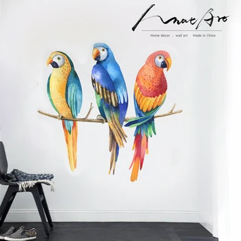 Krāsa papagailis uzlīmes, akvarelis mūsdienu mājas guļamistaba dekori Putnu dzīvnieku sienas mākslas bērni telpu dekorēšana aksesuāri DIY vinilo mizots