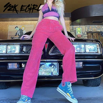 Y2K EGIRL Vintage Karstā Rozā ar Kabatas Velveta Bikses Hip Hop Augsta Vidukļa Atraisīts Taisni Garās Bikses 90s Streetwear Harajuku