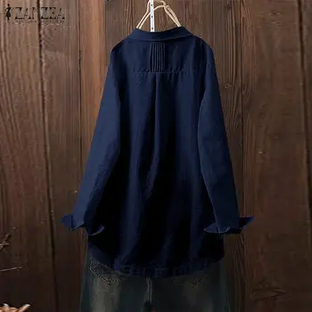 Rudens Vintage Veļa Blūze ZANZEA Sieviešu Atloks Apkakli, garām Piedurknēm Topi Femme Drēbes Pogas Cietā Krekls Ikdienas Darbu Blusas Chemise