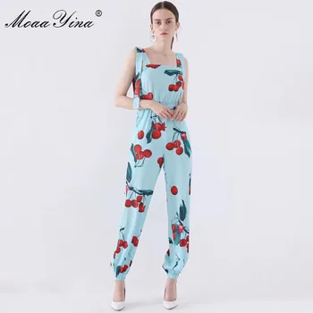MoaaYina Pavasara Vasaras Dizaineru Jumpsuits Sieviešu Spageti Siksnas Augļu Ziedu-Print Slim Elegants Jumpsuits