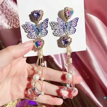 2020 Jaunu Izteikumu stils spīdīgas Kristāla Violeta metāla butterfly modelēšanas Piliens Auskari joker Ilgi pušķi pērļu Auskari Sievietēm