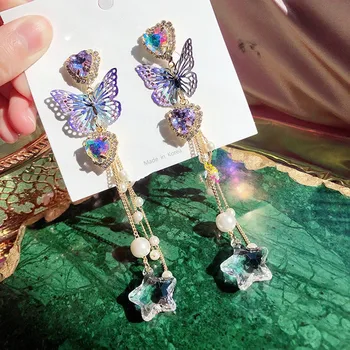 2020 Jaunu Izteikumu stils spīdīgas Kristāla Violeta metāla butterfly modelēšanas Piliens Auskari joker Ilgi pušķi pērļu Auskari Sievietēm