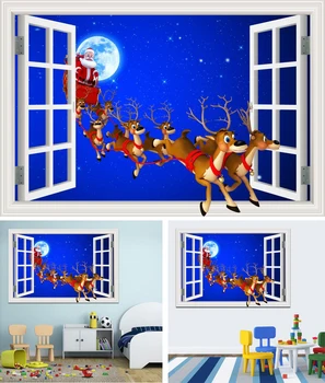 Karikatūra Priecīgus Ziemassvētkus Uzlīmes, Logu Dekorācijas, 3d Tapetes Sienu Decal Mājas Dekors Dzīvojamā Istaba Gleznojumi, Mākslas Ziemassvētku Vecīša Ziemeļbriežiem