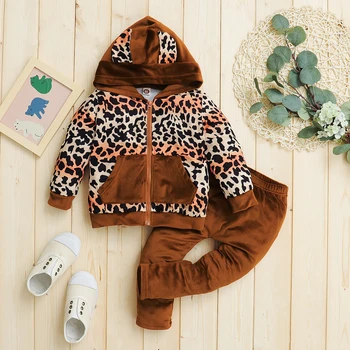 2 Gab Toddler Gadījuma Tērpiem, Bērnu, Garās Piedurknes Leopard pelēkā vārna ar Sānu Kabatas + tīrtoņa Krāsas Bikses 2-7 Gadi